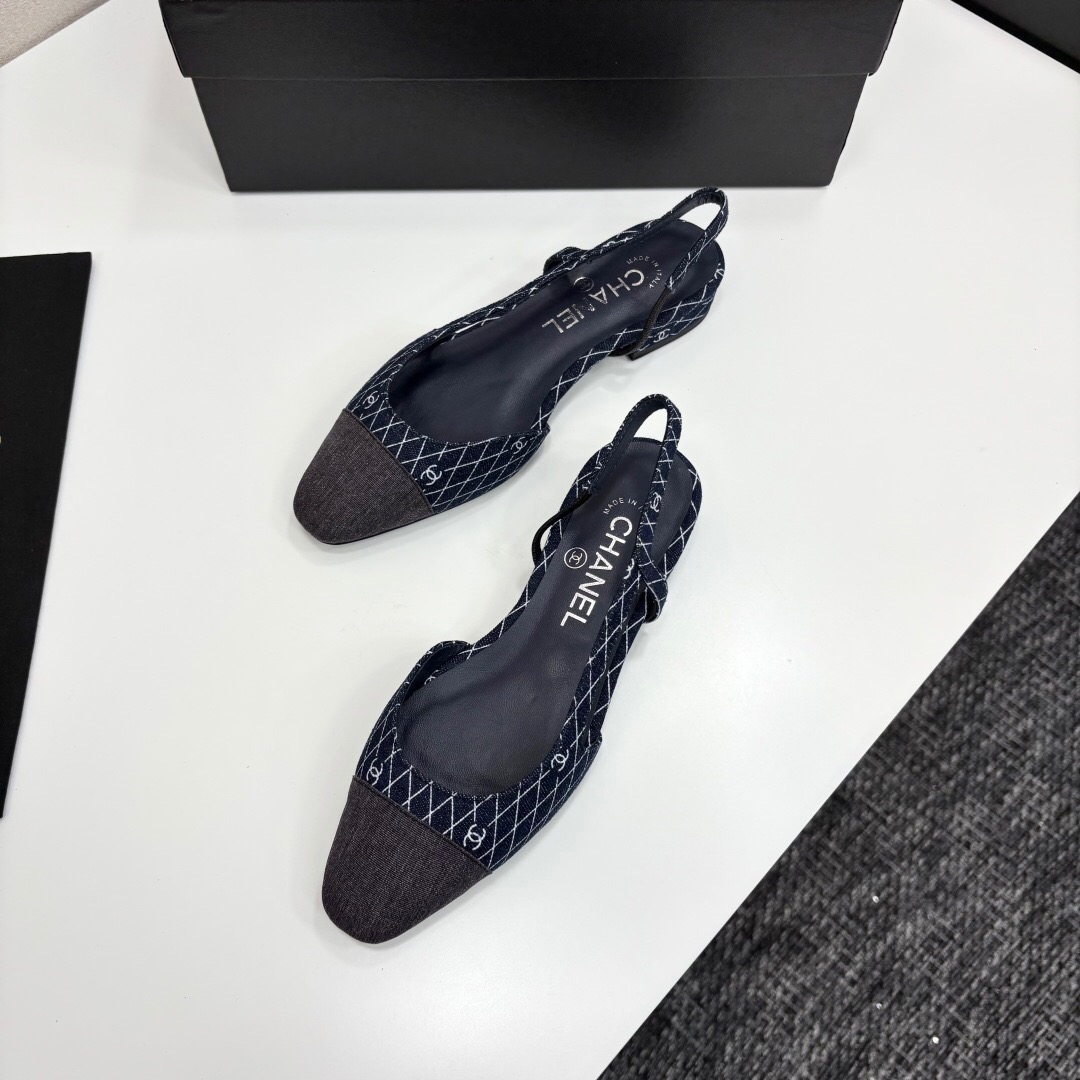 2025 Women Chanel Navy Blue Grey Fabric Leather Slingback LY00000