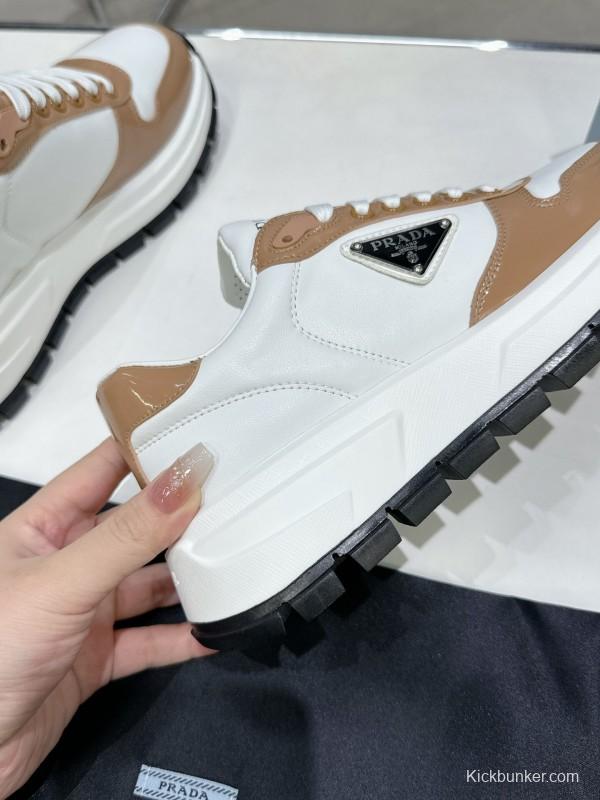 2025 Women Prada White Brown Leather Sneakers