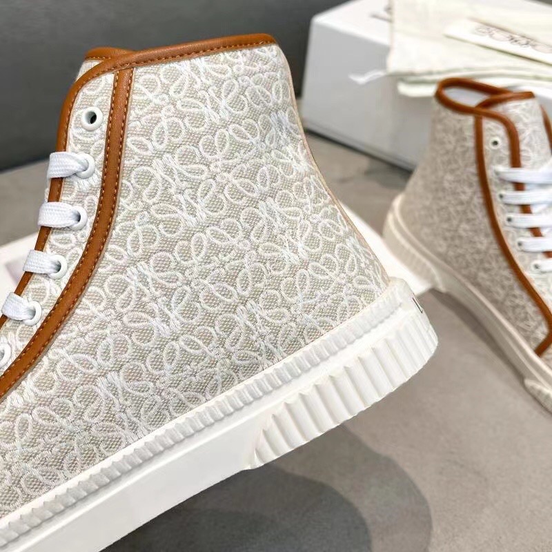 2025 Women Loewe White Brown Canvas High-top Sneakers LY00420