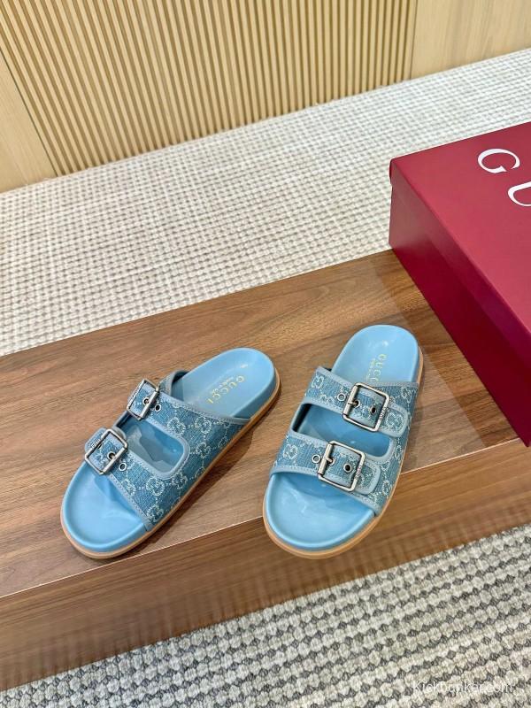 2025 Women Gucci Light Blue Canvas Leather Sandals