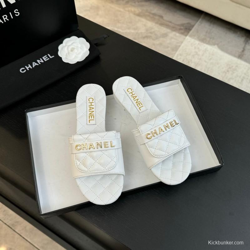 2025 Women Chanel White Leather Slippers