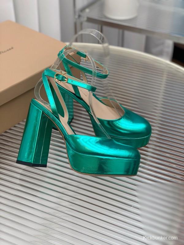 2025 Women Gianvito Rossi Metallic Green Leather Platform Sandals