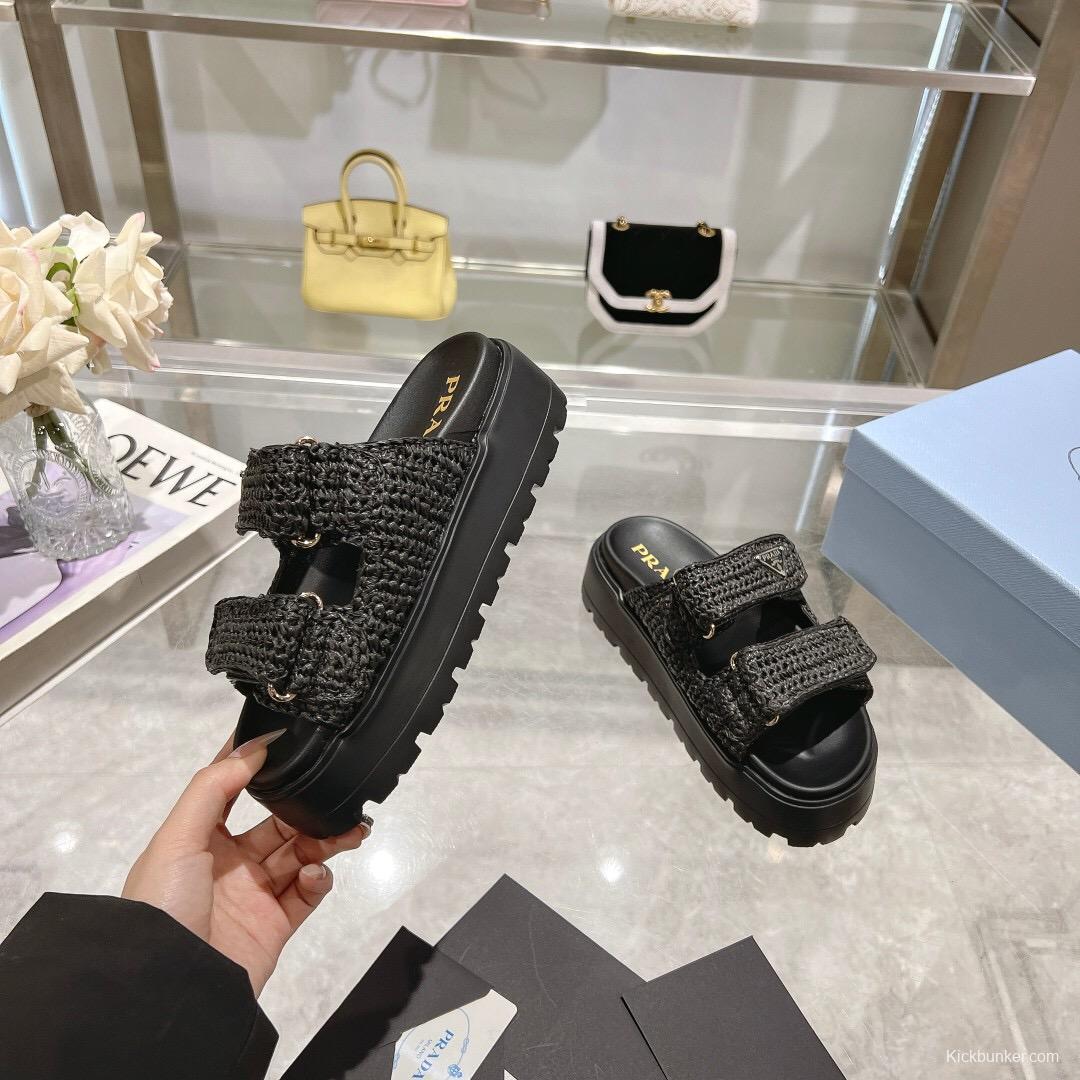 2025 Women Prada Black Woven Leather Sandals LY