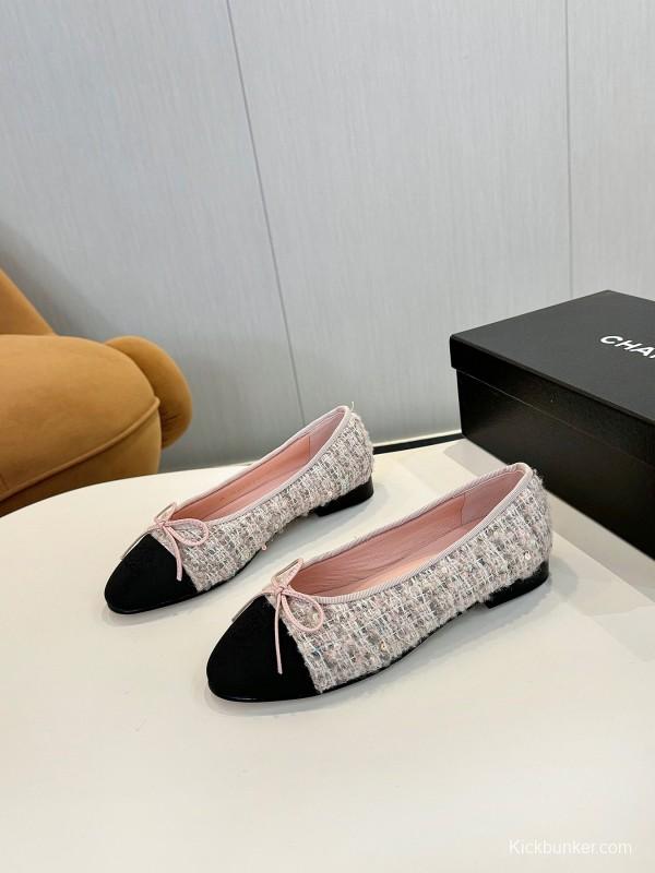 2025 Women Chanel Pink Black Sheepskin Tweed Ballet Flat LY00250