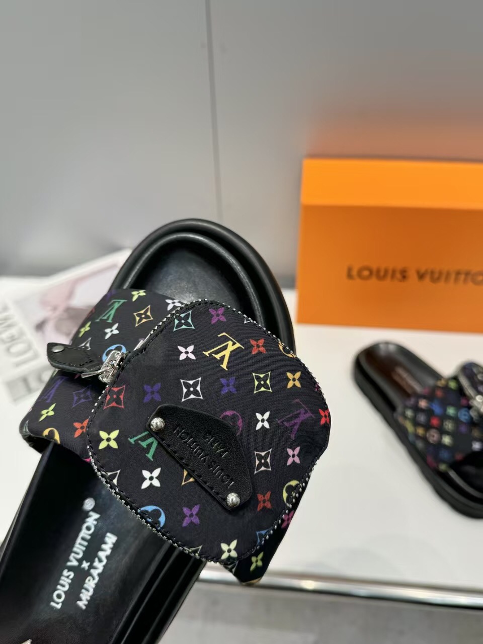 2025 Women Louis Vuitton Black Colorful Canvas Slippers Monogram KFY00230