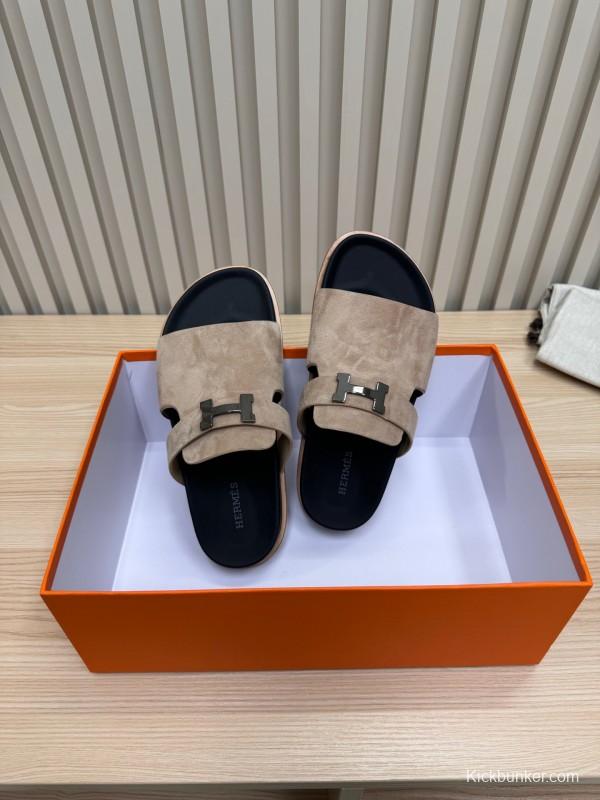 2025 Slippers Hermès Sand Beige Suede Double Strap