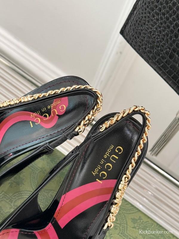 2025 Women Gucci Black Patent Leather Slingback High Heel Chain Detail