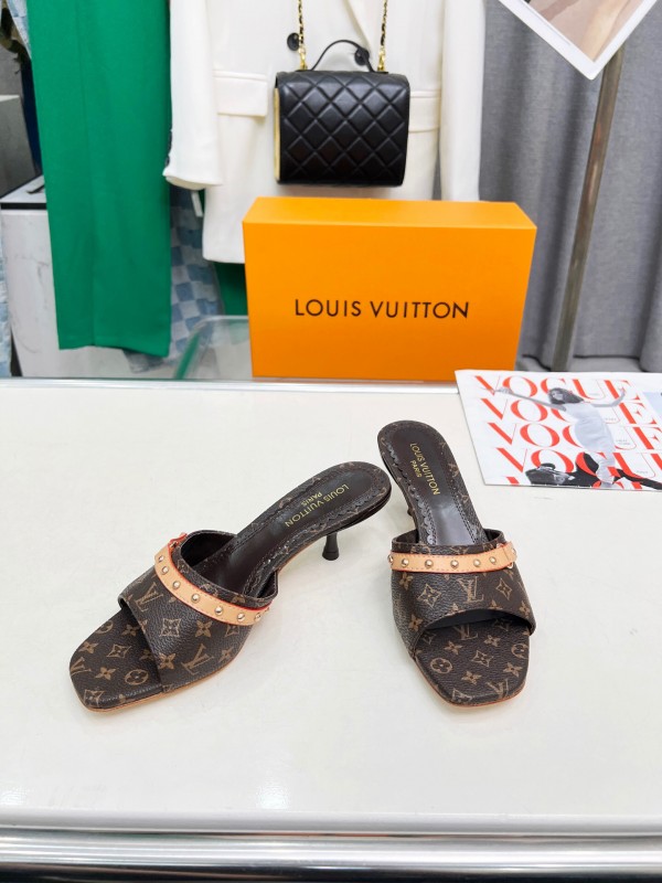 2025 Women Louis Vuitton Brown Leather Kitten Heel Mules LY00260