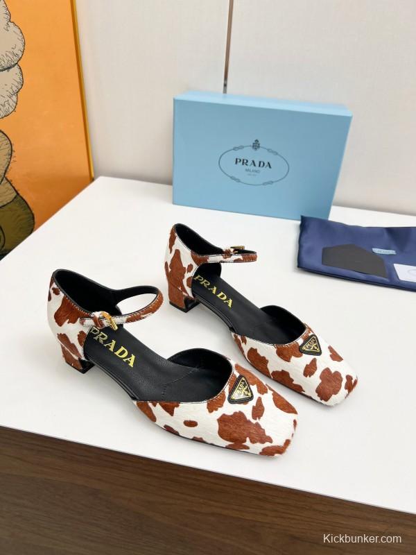 2025 Women Prada Brown White Calf Hair Strap Heels LY00270
