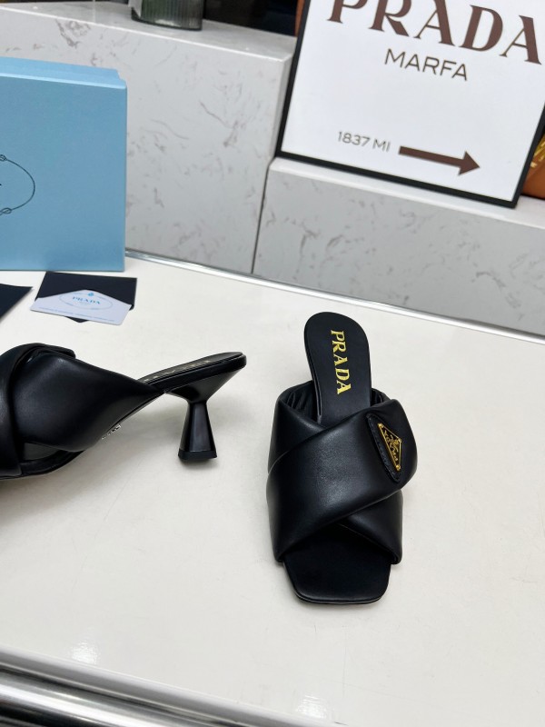 2025 Women Prada Black Soft Leather High Heel Mules KFY00270