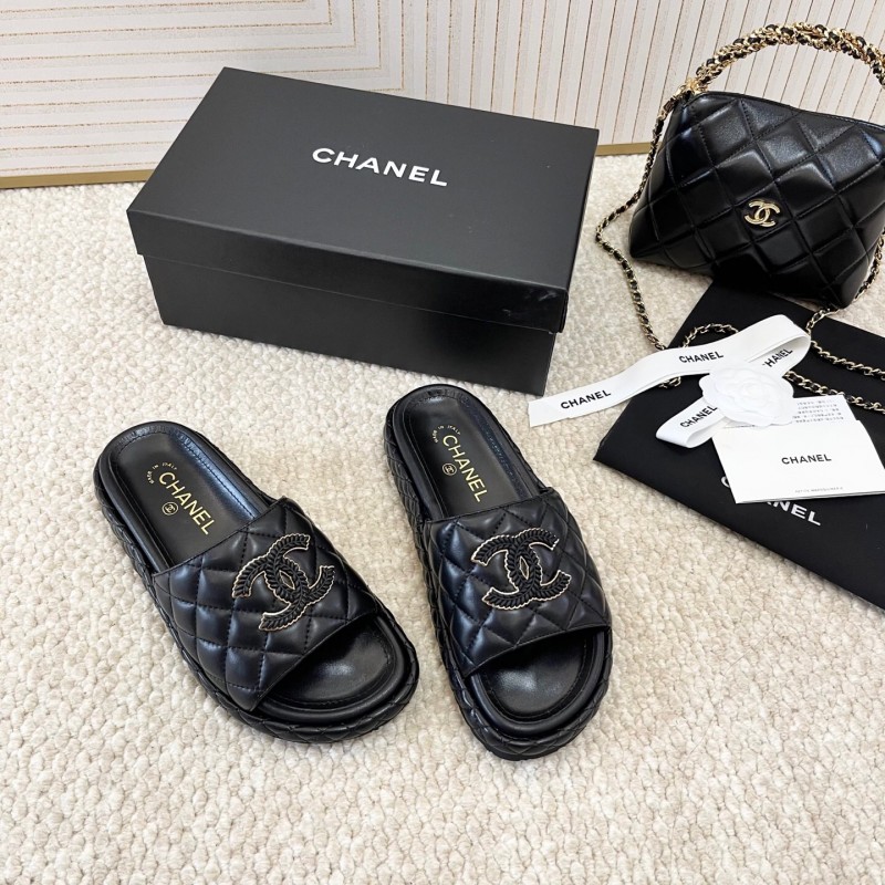 2025 Chanel Black Leather Slippers CC Stitching KFY00290