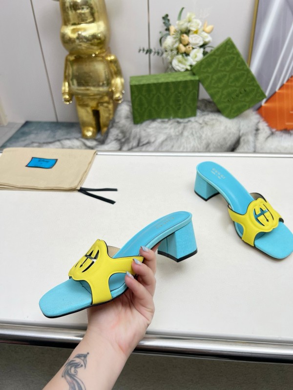 2025 Gucci Blue Yellow Leather Slippers