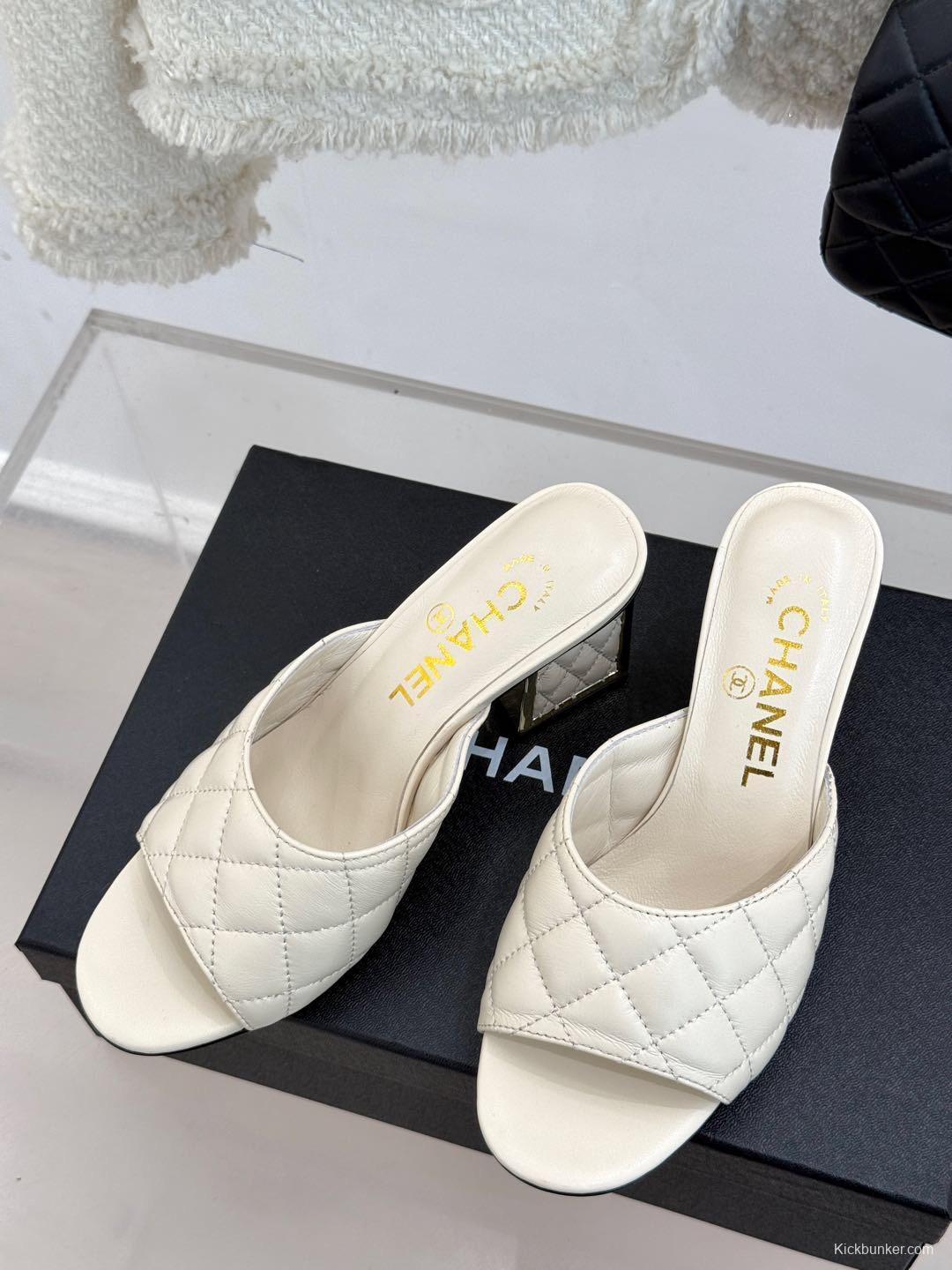 2025 Women Chanel White Lambskin High Heel Slippers Quilted KFY00260
