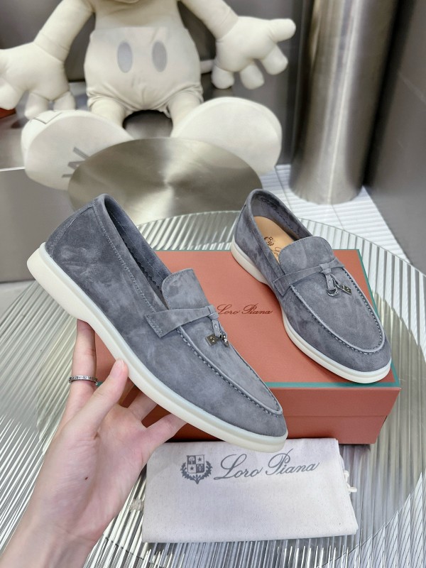2024 Unisex Loro Piana Grey Suede Loafers MJ00270