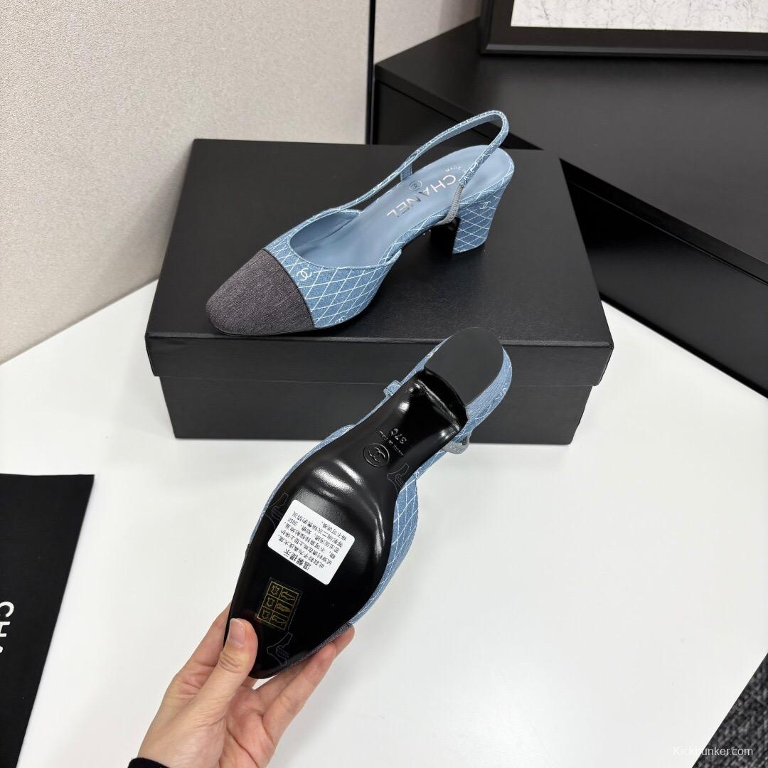 2025 Women Chanel Blue Grey Denim Leather Slingback Shoes