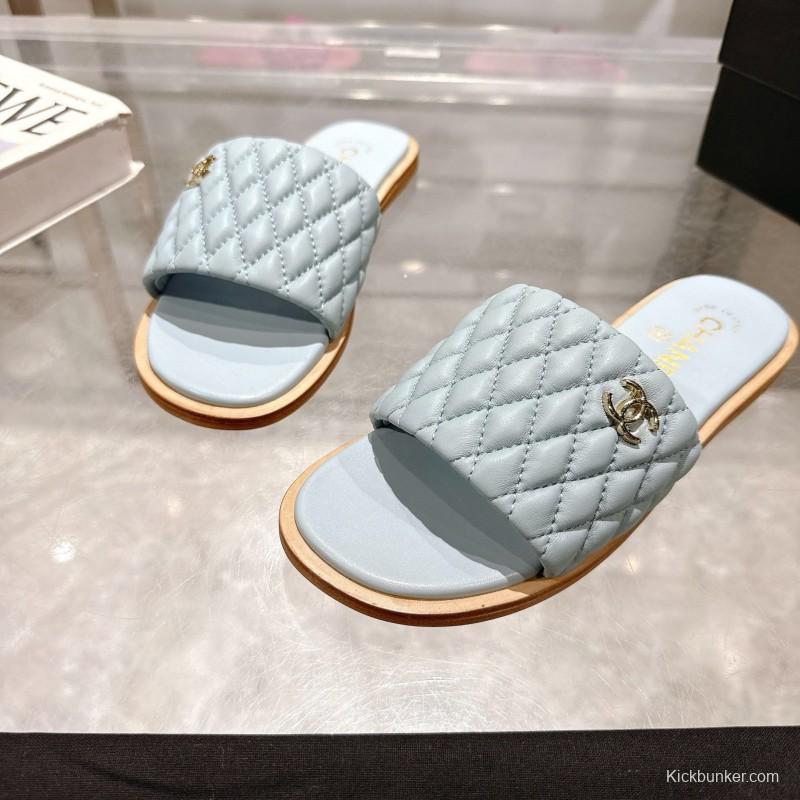 2025 Women Chanel Light Blue Lambskin Slippers