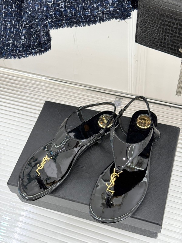 2025 Women Yves Saint Laurent Black Patent Leather Thong Sandals