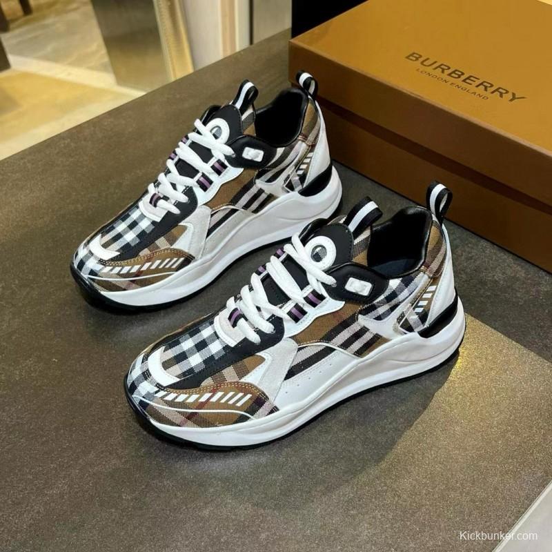 2025 Unisex Burberry Brown White Black Cotton Calfskin Suede Sneakers Check MJ00380(W/M)