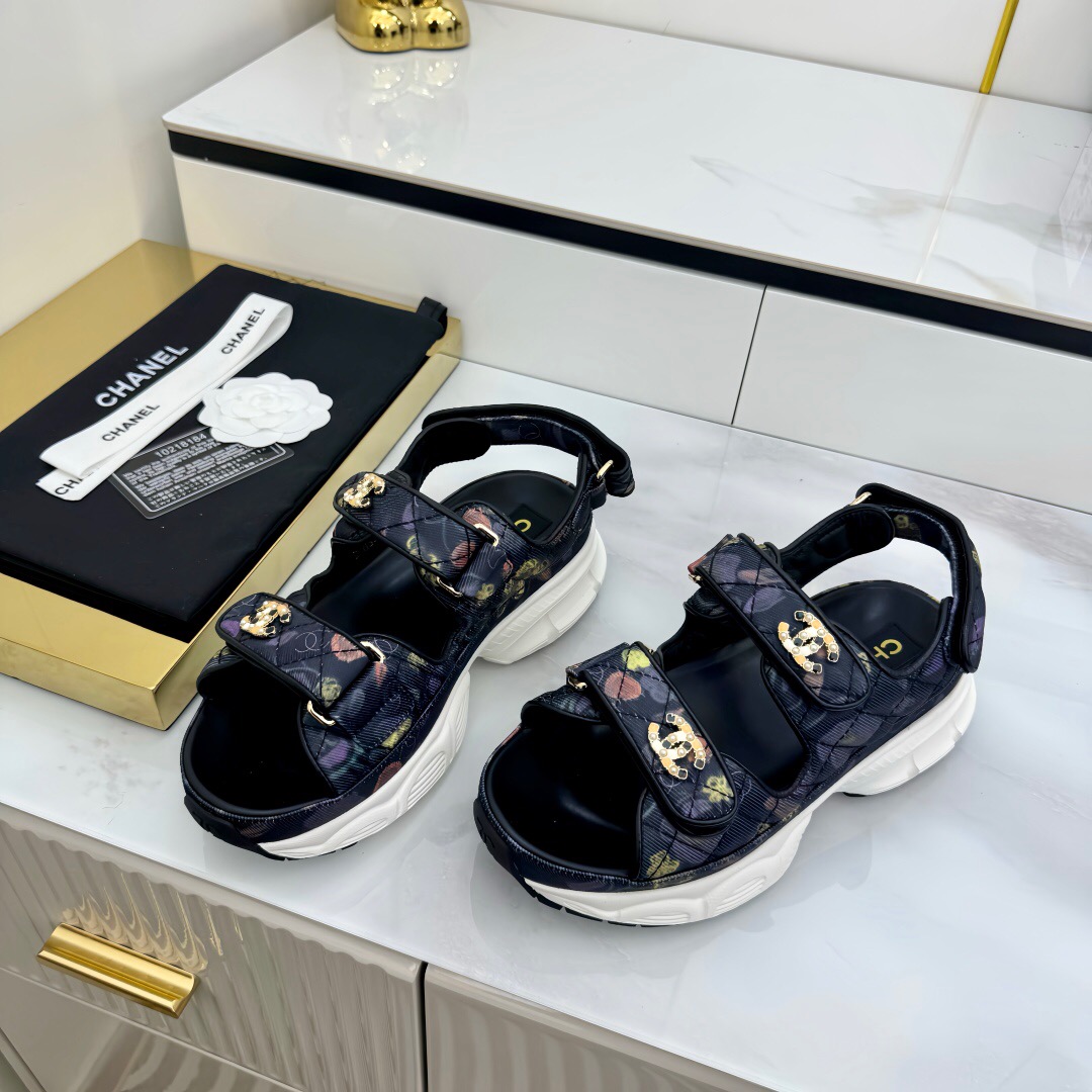 2025 Women Chanel Black Multicolor Fabric Leather Sandals LY00330