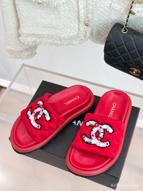 2025 Slippers Chanel Red Quilted Sequins Slide KFY00261