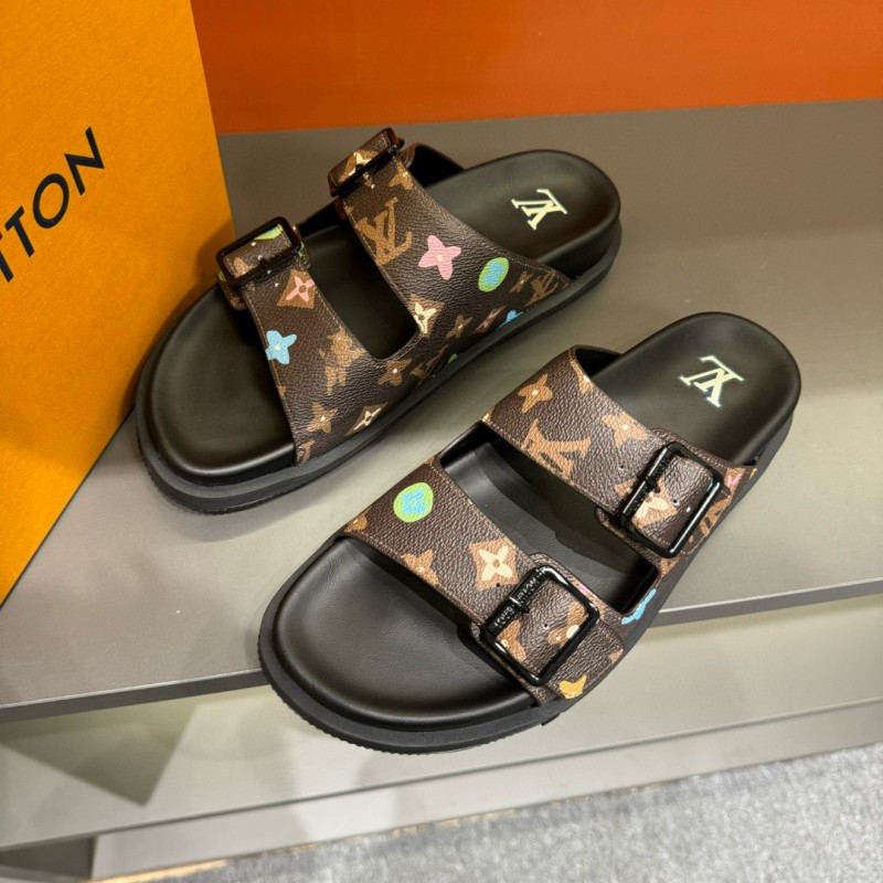 2024 Men Louis Vuitton Brown Black Rubber Leather Sandals Oblique MJ00210