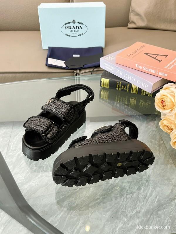 2025 Women Prada Black Woven Leather Platform Sandals LY00300