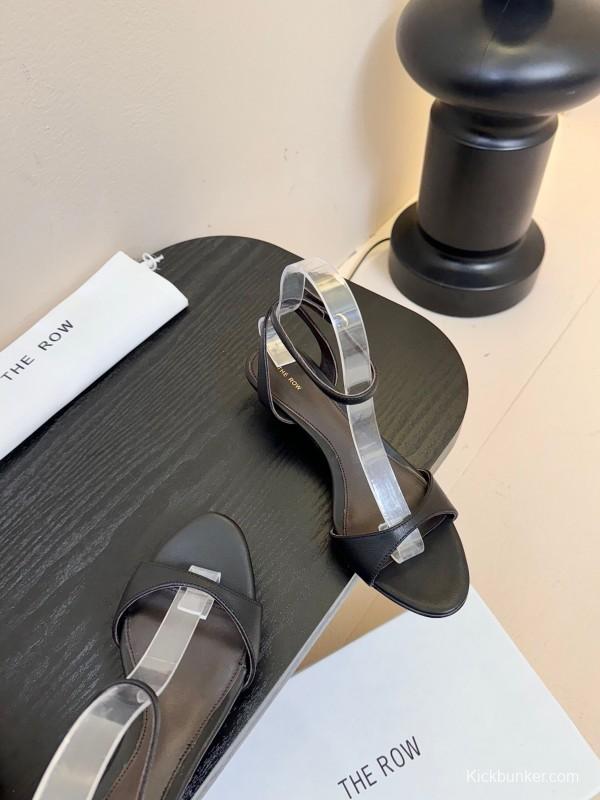 2025 Women The Row Black Leather Flat Strap Sandals KFY00270