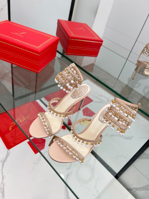 2025 Women RC Champagne Leather Crystal Pearl High Heel Sandal LY00360