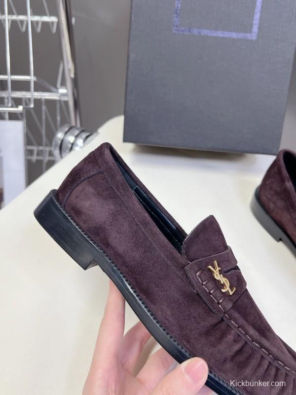 2025 Women Yves Saint Laurent Dark Purple Suede Loafers KFY00350