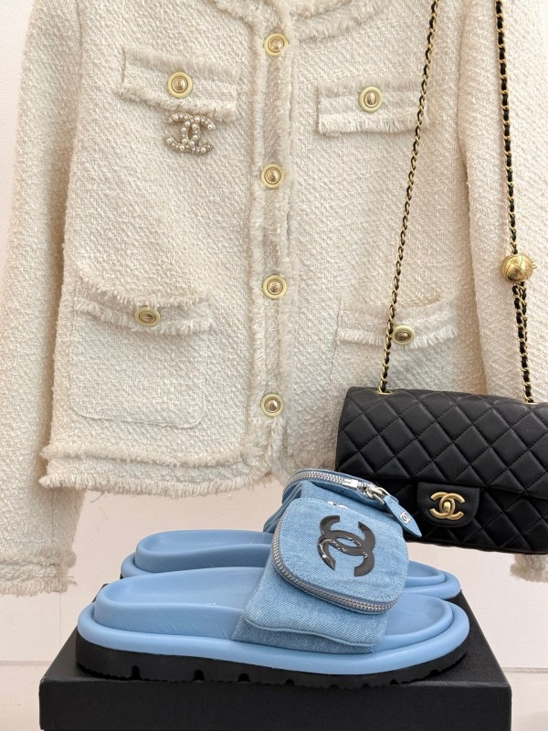 2025 Slippers Chanel Light Blue Denim Slippers KFY00220