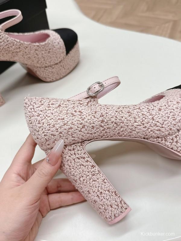 2025 Women Chanel Pink Black Wool Platform Mary Jane KFY00330