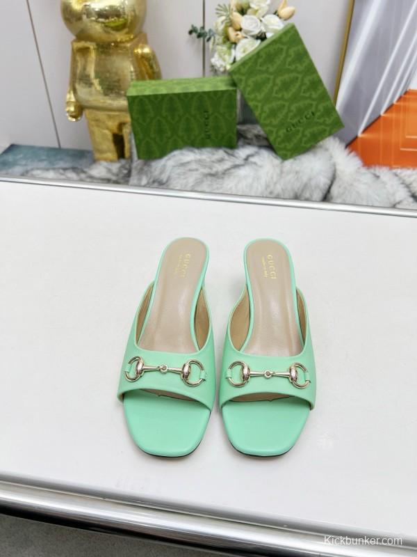 2025 Women Gucci Green Leather Heeled Slippers MJ00180