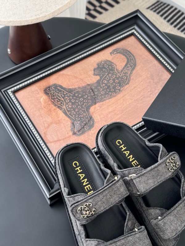 2025 Women Chanel Grey Fabric Leather Sandals Magic Tape LY00310