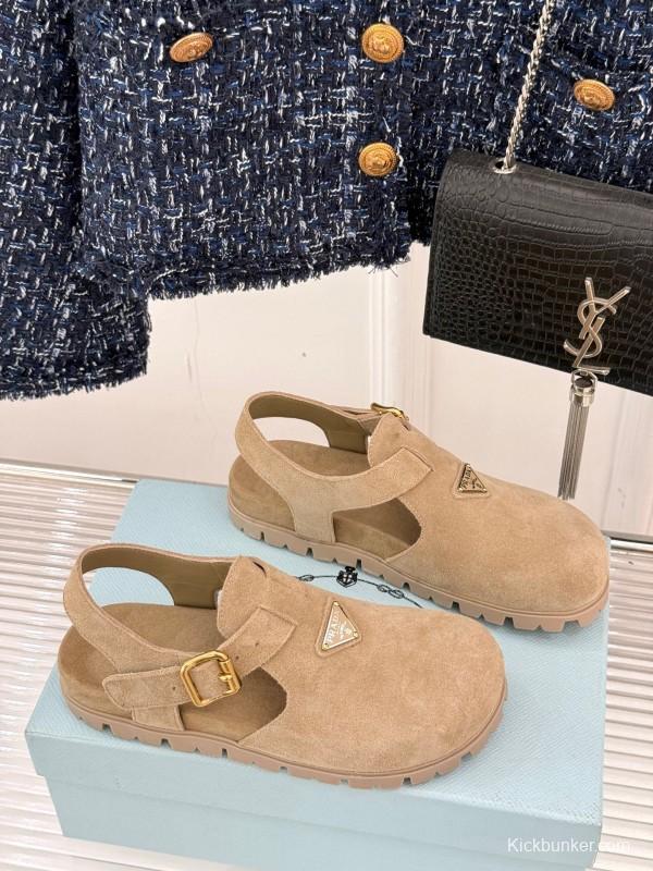 2025 Women Prada Beige Suede Sandals