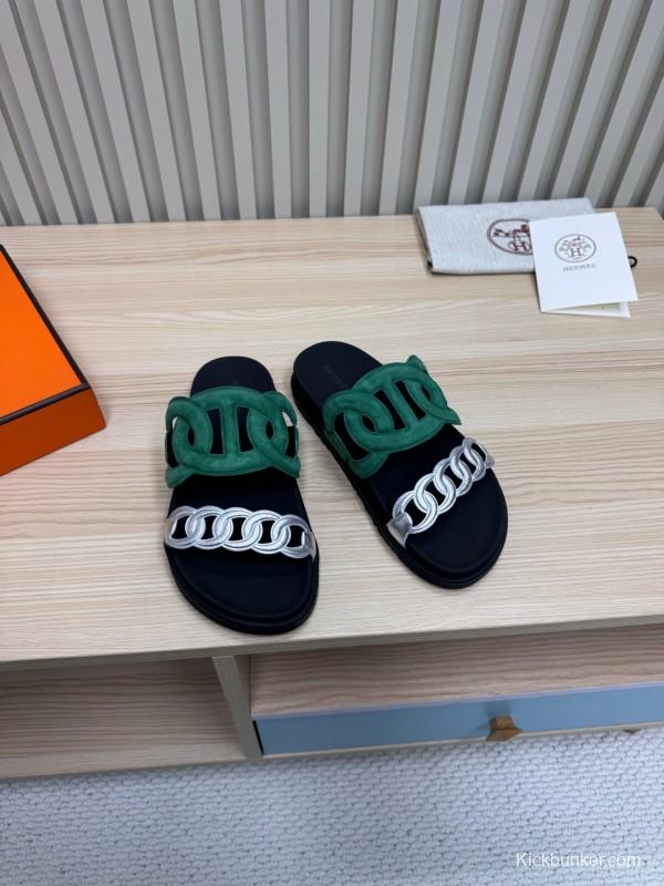 2025 Slippers Hermès Green Black Suede Leather Slippers