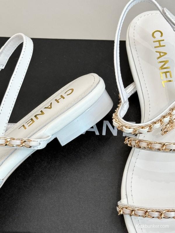 2025 Women Chanel White Leather Chain Strap Sandals