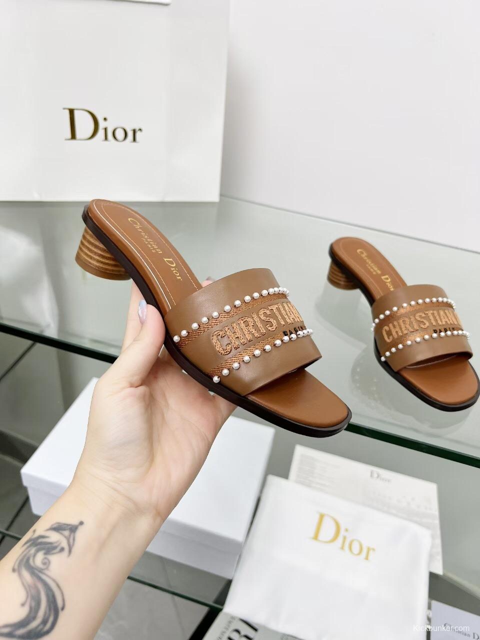 2025 Women Dior Brown Leather Mule Beaded LY00210