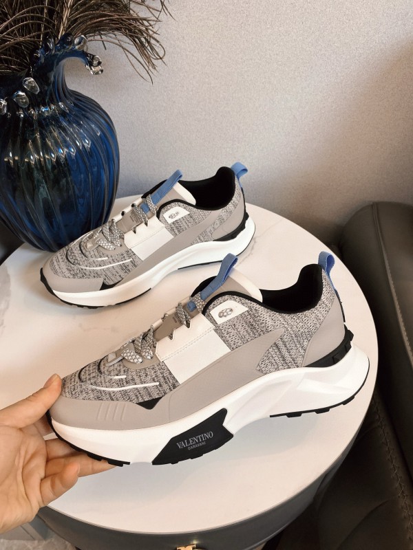 2024 Unisex Valentino White Grey Blue Fabric Leather Sneakers MJ00340