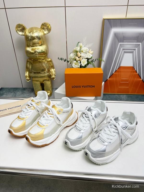 2025 Women Louis Vuitton White Gold Mesh Leather Sneakers LY00340