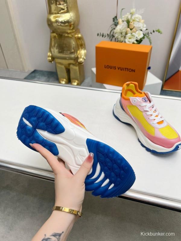 2025 Women Louis Vuitton Yellow Pink Blue Mesh Leather Sneakers