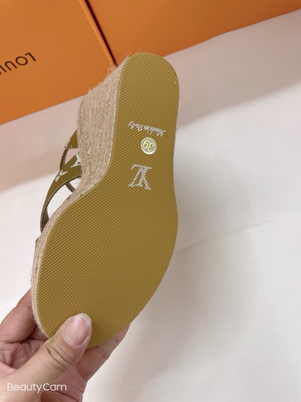 2025 Women Louis Vuitton Brown Beige Canvas Leather Wedge Sandals MJ00280