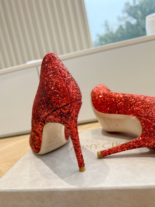 2025 Women Jimmy Choo Red Glitter Leather Pumps