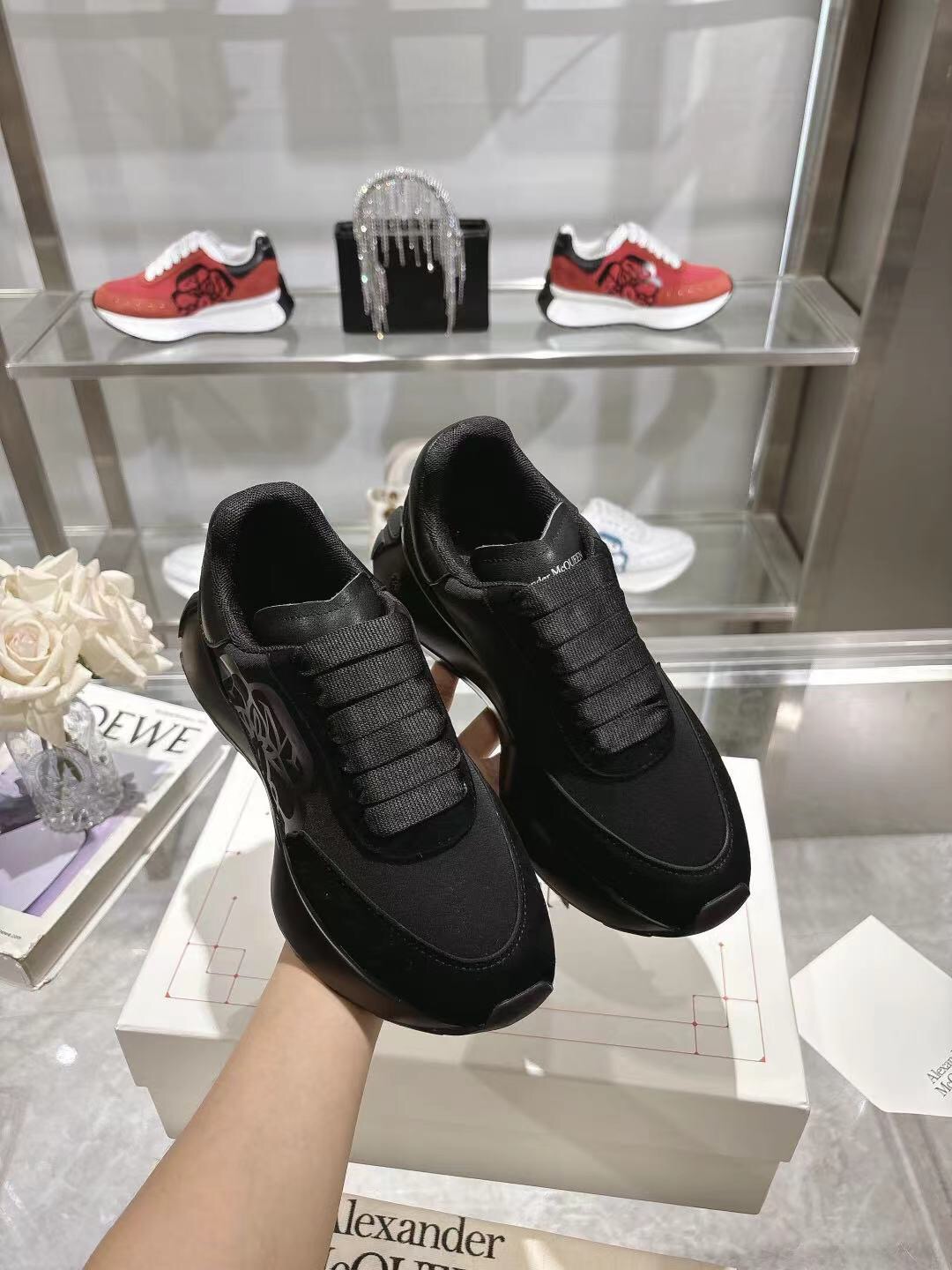 2025 Women Alexander McQueen Black Leather Mesh Sneakers LY00340
