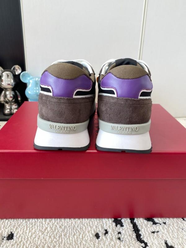2025 Unisex Valentino Black Brown Purple Suede Leather Mesh Sneakers