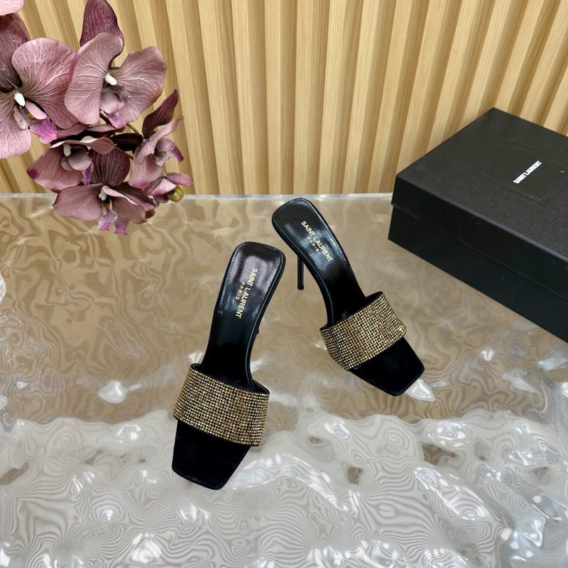 2025 Women Yves Saint Laurent Black Gold Rhinestone Leather High Heel Sandals MJ00300