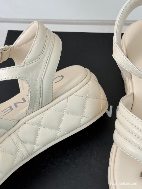 2025 Women Chanel White Leather Sandals