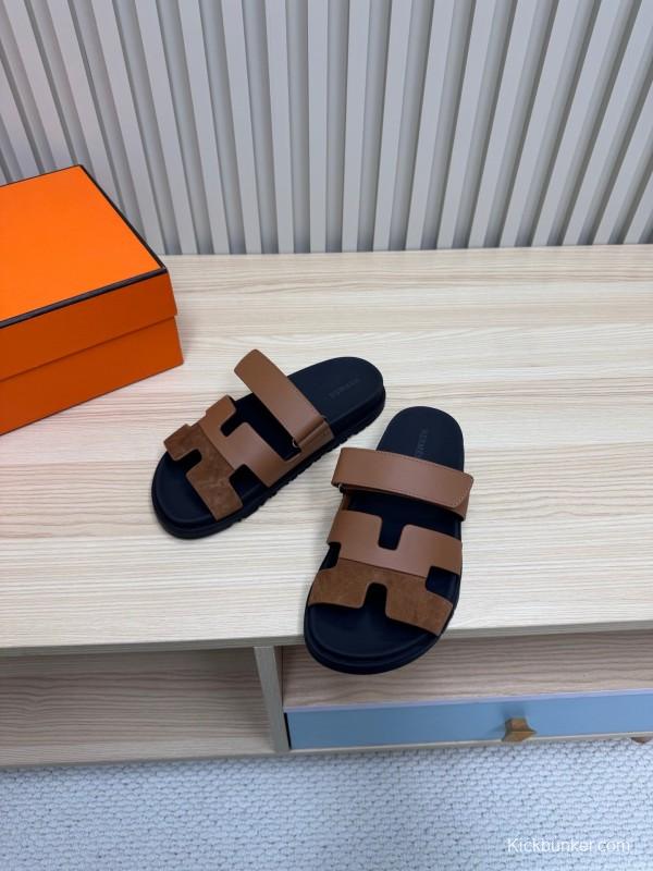 2025 Slippers Hermès Brown Black Leather Nubuck Slippers