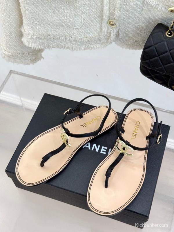 2025 Women Chanel Black Leather Sandals KFY00290