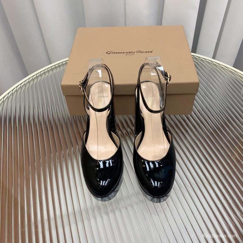 2025 Women Gianvito Rossi Black Patent Leather Platform Sandals KFY00340