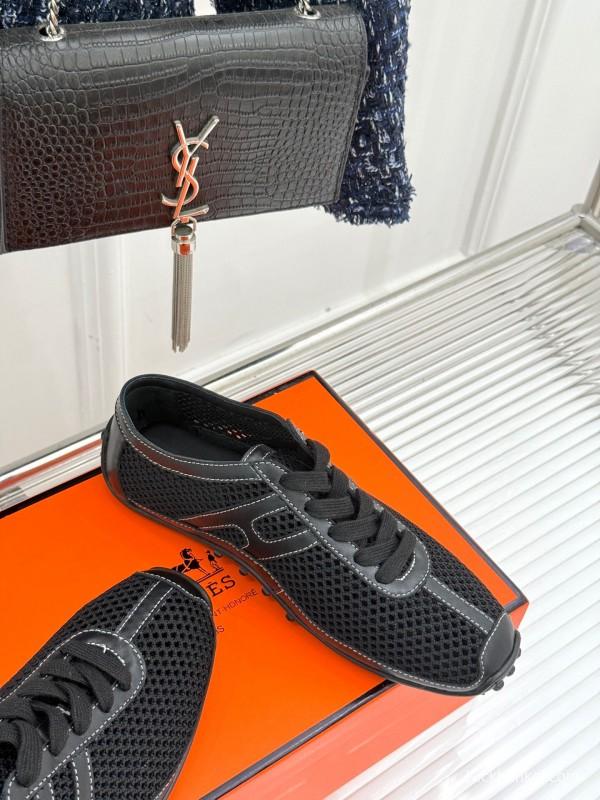 2025 Women Hermès Black Mesh Leather Sneakers